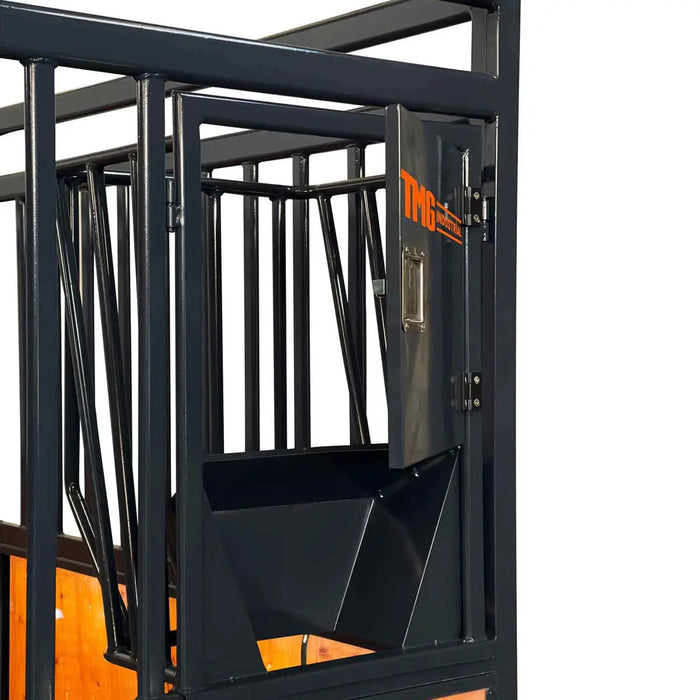 TMG Industrial 12’ Horse Stall Pine Lumber Panel, Vertical Bar Top & Wood-Filled Bottom, Front panel c/w Window/Feeder and Sliding Door, TMG-FHS12A and FHS12B