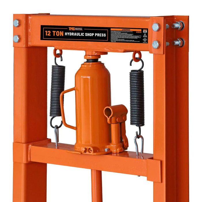 TMG Industrial 12 Ton Capacity Hydraulic Shop Press, H-Frame, Hand Crank Bottle Jack Pressing, 8 Bed Height Positions, TMG-ASP12