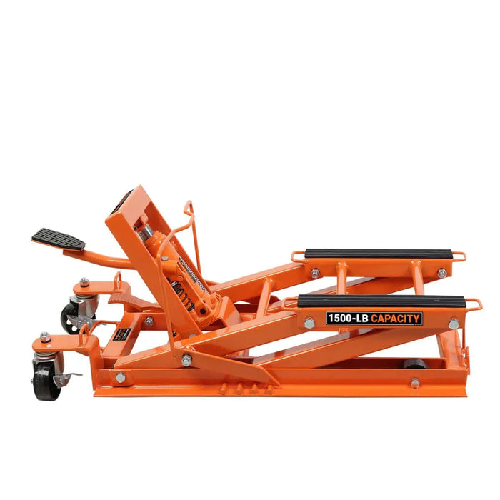 TMG Industrial 1500-lb Motorcycle ATV Jack Lift, 5”-16” Lifting Range, 6 Locking Positions, Swivel Casters, Bottle Jack, TMG-ALM68