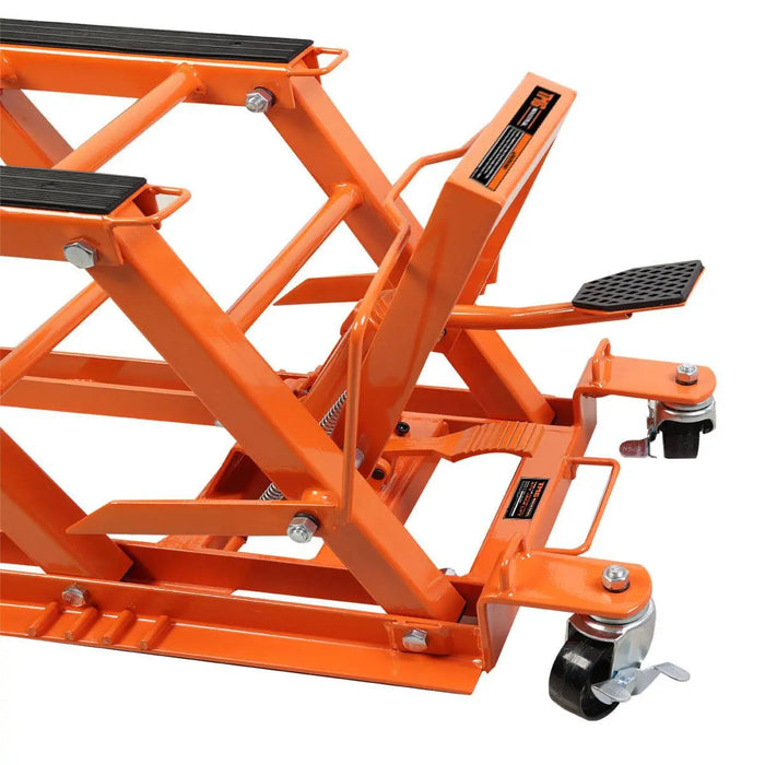 TMG Industrial 1500-lb Motorcycle ATV Jack Lift, 5”-16” Lifting Range, 6 Locking Positions, Swivel Casters, Bottle Jack, TMG-ALM68