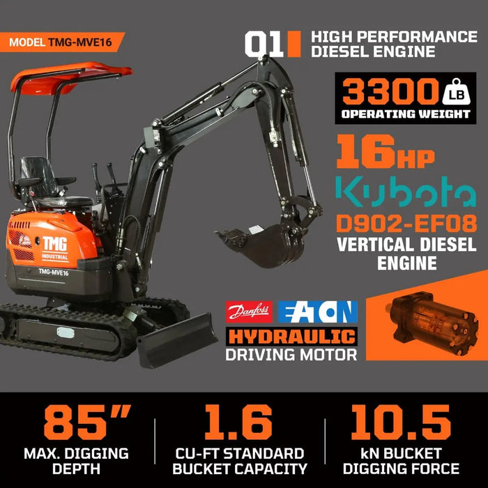 TMG Industrial 1600 KG Mini Compact Excavator, 16 HP Kubota Diesel, KDK Pump, Eaton Motor, 85” Digging Depth, TMG-MVE16