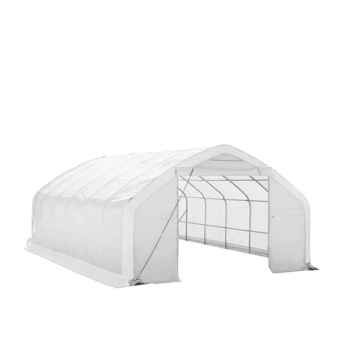TMG Industrial 20' x 30' Straight Wall Peak Ceiling Storage Shelter with Heavy Duty 11 oz PE Cover & Drive Through Door, TMG-ST2031E