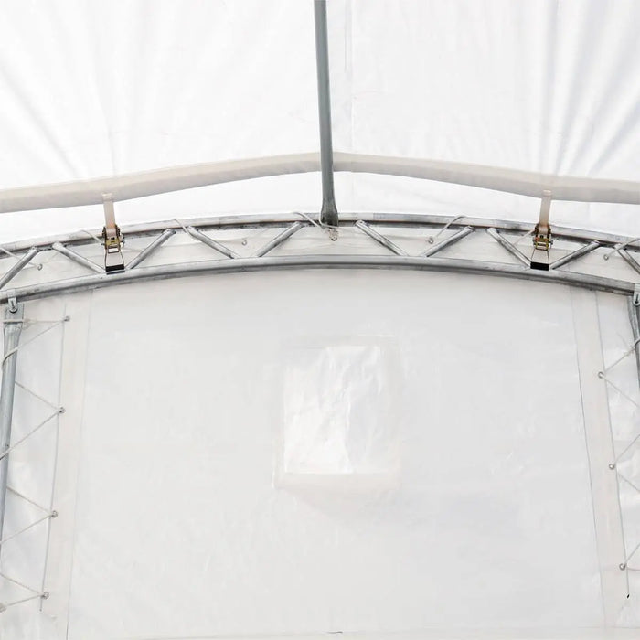 TMG Industrial 30' x 20' Dual Truss Container Shelter with Heavy Duty 17 oz PVC Cover, Enclosed End Wall & Front Drop, TMG-DT3020CF