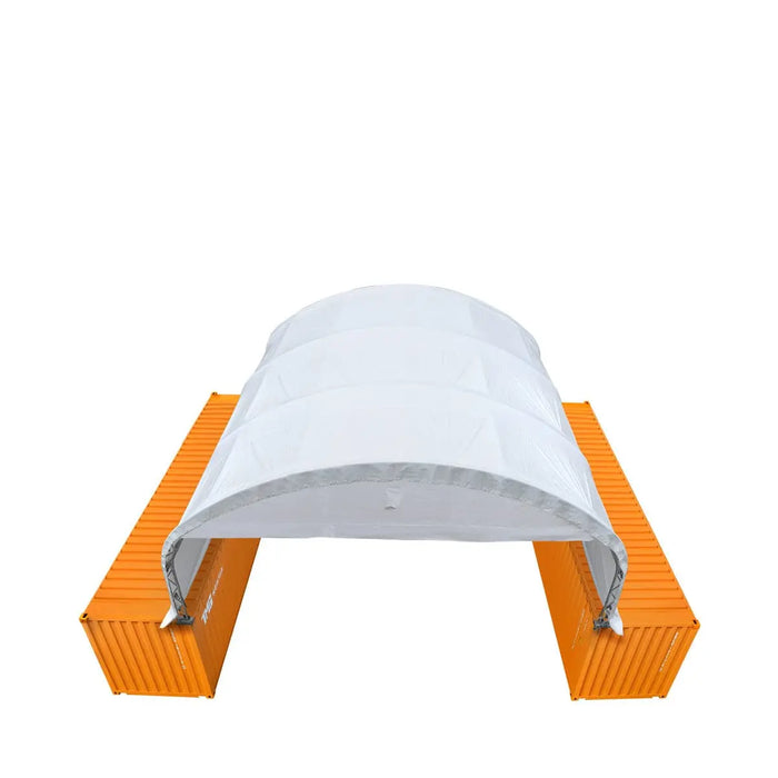 TMG Industrial 30' x 20' Dual Truss Container Shelter with Heavy Duty 17 oz PVC Cover, Enclosed End Wall & Front Drop, TMG-DT3020CF