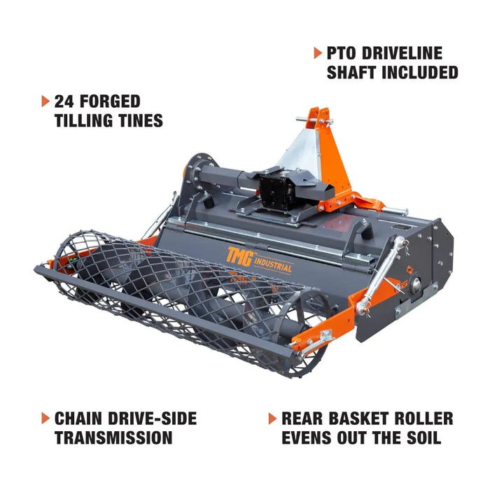 TMG Industrial 48" Stone Burier Rotary Tiller, 3-Point Hitch, Category 1 Hookup, 25-50 HP Tractors, PTO Shaft Included, 2-1/2" Stone Capacity, TMG-TSB48 (Discontinued)