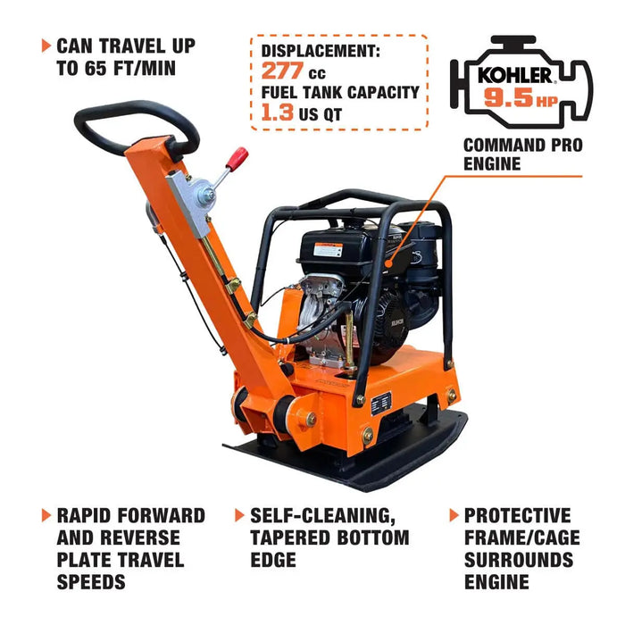 TMG Industrial 6800-lb Reversible Vibratory Plate Compactor, 9.5 HP Kohler Command Pro Engine, TMG-PC160K