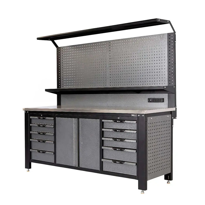 TMG Industrial 7’ Extreme Duty Steel Garage Workbench w/Pegboards, Adjustable Shelving, Power Outlets, USB Port, Magnetic Motion LED Lamps, TMG-WBC07-W