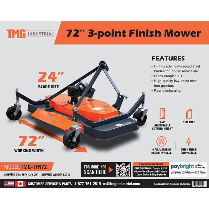 TMG Industrial 72” Tow-Behind 3-Point Hitch Finish Mower, 30-50 HP Compact Tractor, PTO Drive Shaft Included, TMG-TFN72