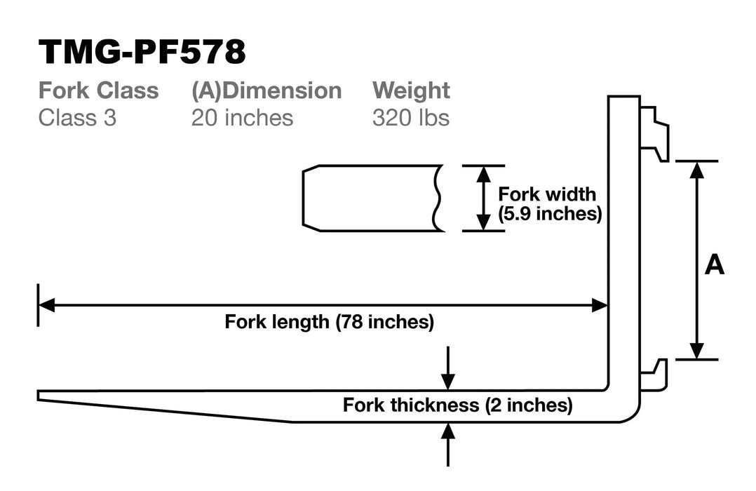 TMG Industrial 78” 5 Ton Pallet Forks, 6380 LB Load Capacity, Tapered & Polished, Boron-Carbon Steel, Class III A Compatibility, Quick Assembly/Mounting, Sold by pair, TMG-PF578