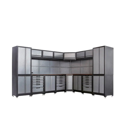 TMG Industrial Extreme-Duty Steel Garage Corner (11’ + 8.5’) Tool Chest w/Pegboard, Power Outlets, USB Port, Magnetic Motion LED Lamps, TMG-WBM15