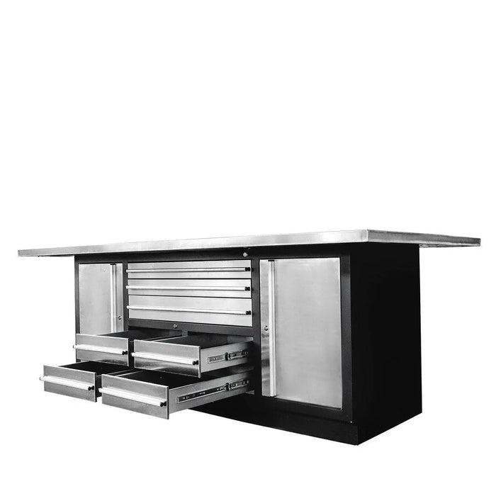 TMG Industrial Pro Series Stainless-Steel Extra-Large 85” x 45” Platform Workbench, 7 Lockable Drawers, 2 Storage Cabinets, All-in-One Welded Frame, TMG-WB708S (Previously TMG-WB85XS)