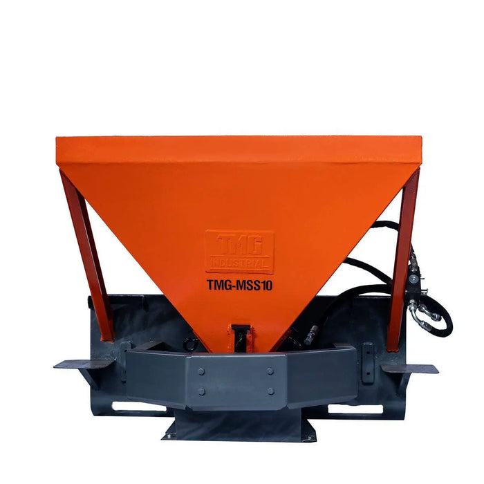TMG Industrial Skid Steer Tilt-N-Scoop Material Spreader, 10 Cu-Ft Capacity, 30’ Wide Spread Range, 6.5-12 GPM Flow Rate, Sidewalk Skirt, Universal Mount, TMG-MSS10