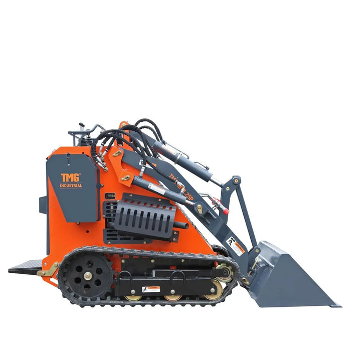 TMG Industrial Stand-On Mini Track Loader, 25 HP Perkins Diesel Engine, Eaton Hydraulic Motor, Permco Hydraulic Pump, Italian Hydro Control Valve, Joystick Controls, 750 lb Load Capacity, Smooth Bucket Included, TMG-MVL25P