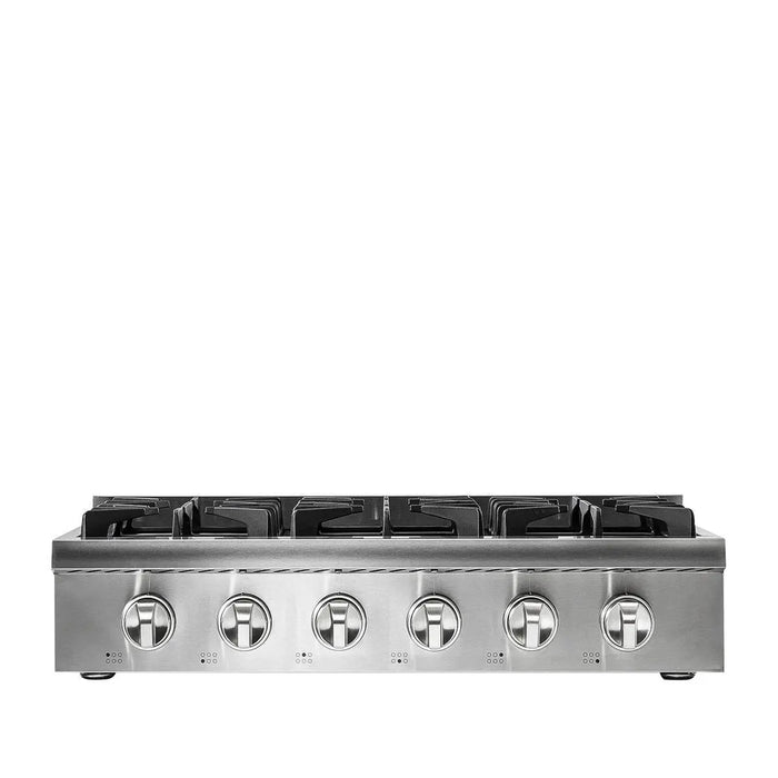 TMG Living Kitchen 36” Gas Range Cooktop, 6 Burners, 15000-18000 BTU w/680 BTU Simmer, LPG/NG Fuel, Blue LED Lights, TMG-HRG36T