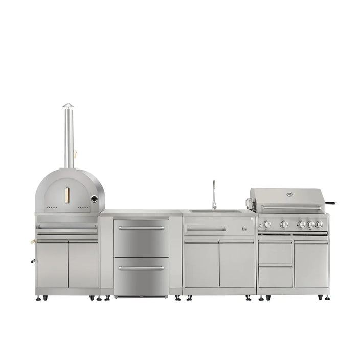 TMG Living Kitchen Pro Series 7-Piece Stainless Steel Modular Outdoor Kitchen Suite Set, 35” Refrigerator Cabinet, 32” BBQ, 4-Burner Gas Grill, Sink, Side Burner, Corner Cabinet, Pizza Oven, TMG-LKS12