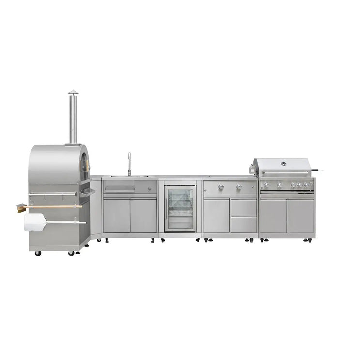 TMG Living Kitchen Pro Series 7-Piece Stainless Steel Modular Outdoor Kitchen Suite Set, 35" Refrigerator Cabinet, 32" BBQ, 4-Burner Gas Grill, Sink, Side Burner, Corner Cabinet, Pizza Oven, TMG-LKS12 TMG Industrial
