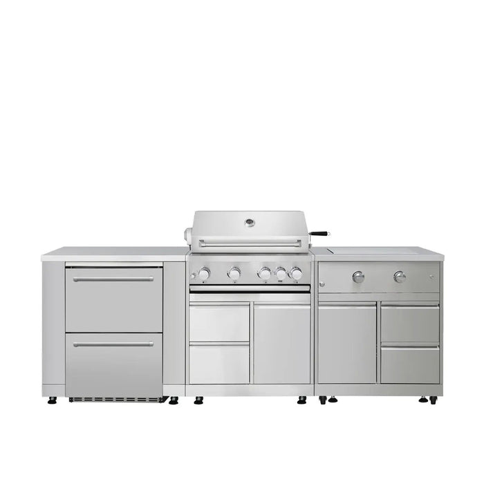 TMG Living Kitchen Pro Series 7-Piece Stainless Steel Modular Outdoor Kitchen Suite Set, 35” Refrigerator Cabinet, 32” BBQ, 4-Burner Gas Grill, Sink, Side Burner, Corner Cabinet, Pizza Oven, TMG-LKS12