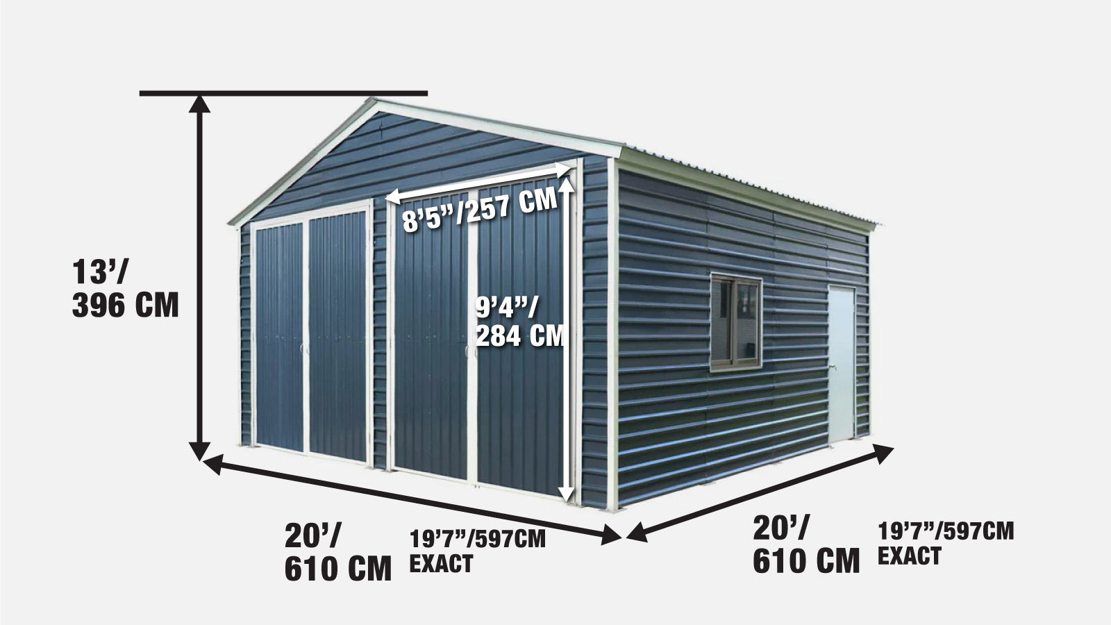 Metalowy garaż 20' x 20', podwójne drzwi wejściowe 9' wysokości, 13' szczytu, 400 stóp kwadratowych TMG-MS2020-specifications-image