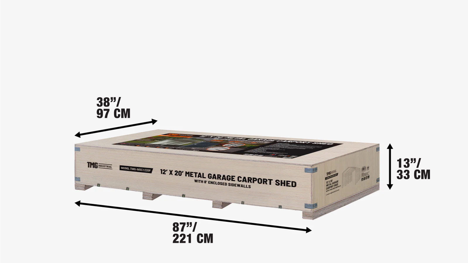 Metalowa wiata garażowa o wymiarach 12' x 20' z zamkniętymi ścianami bocznymi o wysokości 8', TMG-MSC1220F-shipping-info-image