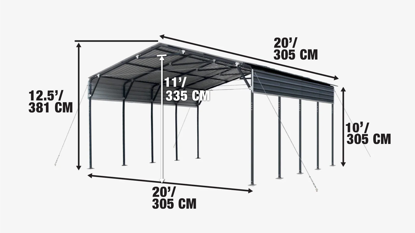 6 × 6 m Metal Shed Carport with 2.9 m Open Sidewalls, 3.8 m Peak Height, TMG-MSC2020-specifications-image