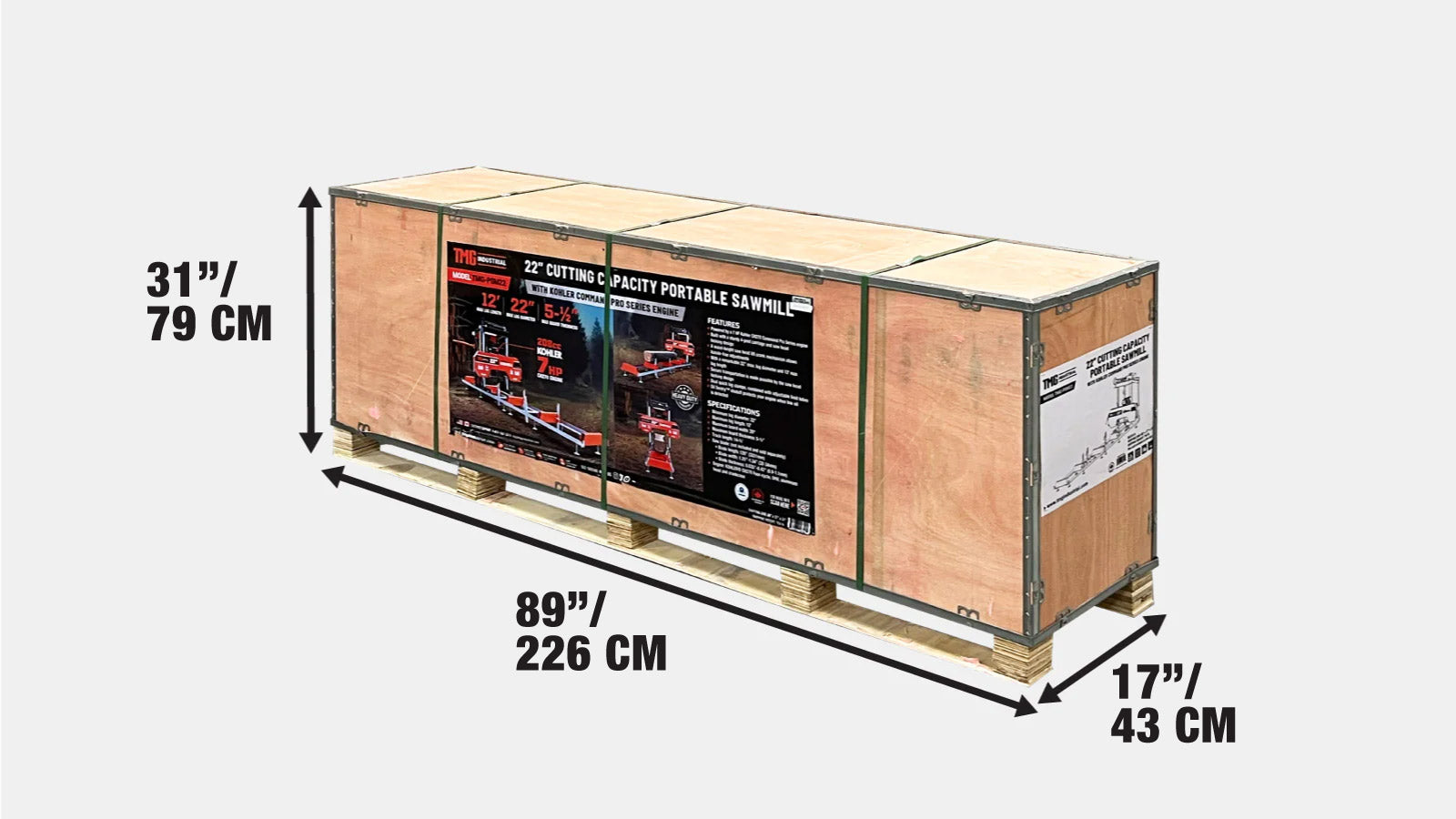 3.5m Portable Sawmill (Blade is not Included), 560mm Diameter, 7 HP Kohler Command Pro Series Engine, TMG-PSM22-shipping-info-image