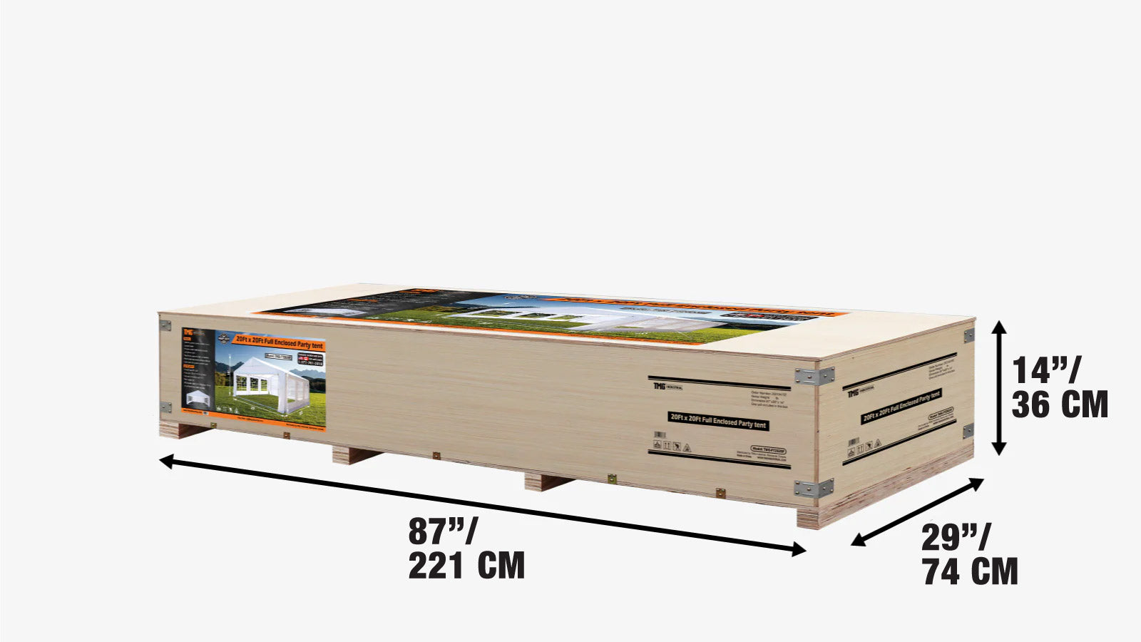 Namiot imprezowy 20' x 20', wytrzymały, z odpinanymi ścianami bocznymi i zwijanymi drzwiami, plandeka z polietylenu, wysokość nad głową 6'6