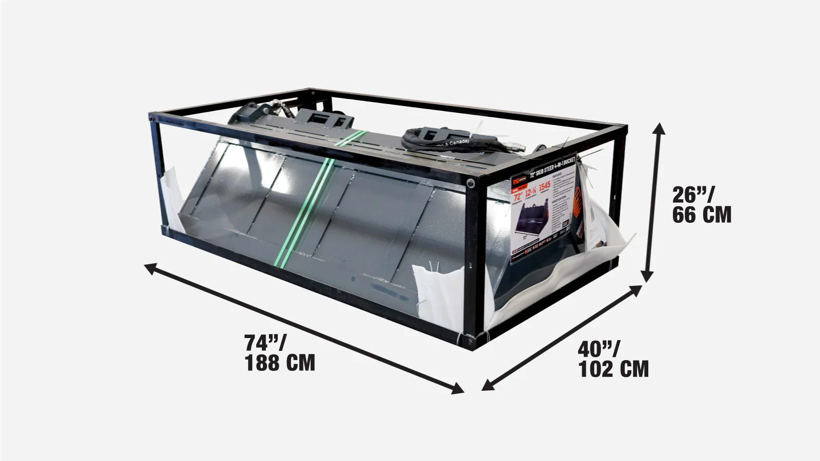 Skid Steer 4-in-1 Bucket, 700 kg (1545 lb) Load Capacity, 770 mm (30″) Maximum Opening, TMG-SBF72-shipping-info-image