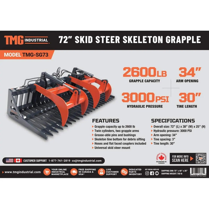 TMG Industrial 72” Skid Steer Skeleton Grapple Attachment, Universal Mount, 34” Arm Opening, 3” Tine Spacing, 2600 lb Weight Capacity, TMG-SG73