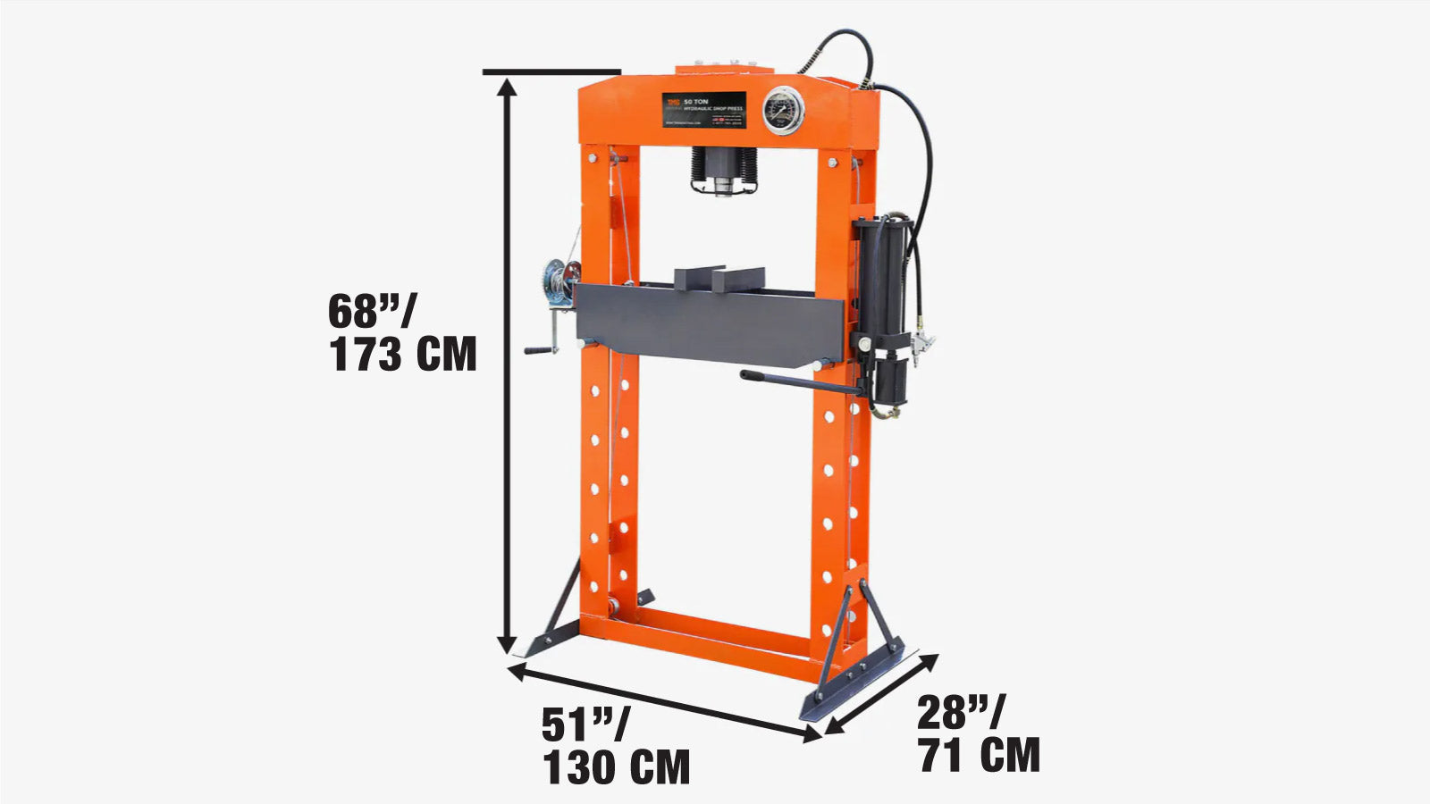 Prasa hydrauliczna warsztatowa o udźwigu 50 ton, prasowanie o dużej wytrzymałości, w pełni spawana rama typu H, podwójna obsługa pneumatyczna i ręczna, TMG-SP50-specifications-image