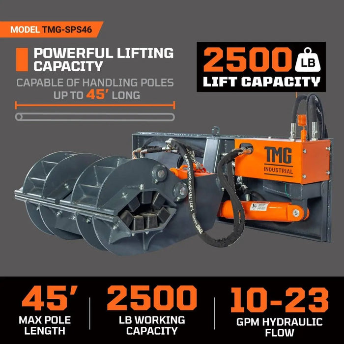 TMG Industrial 2500-lb Skid Steer Pole Setter, 45' Pole Capacity, 0°-100° Claw Rotation, Jaw Claw Opening 4" to 20", TMG-SPS46