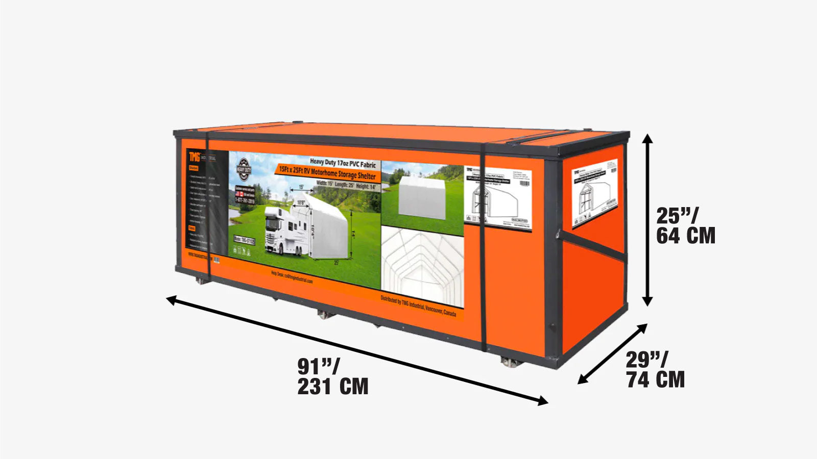 Wiata kempingowa/kamperowa 15' x 25', pokrowiec z tkaniny PVC o gramaturze 17 uncji, przednie drzwi rolowane, zamknięta ściana tylna, 3-warstwowa ocynkowana rama stalowa, proste ściany boczne 10', TMG-ST1525-shipping-info-image