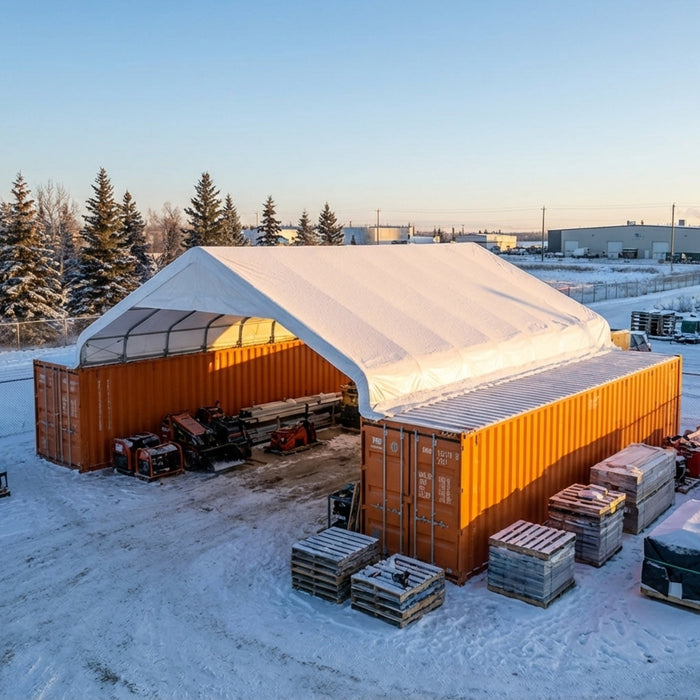30' x 40' PVC Fabric Container Peak Roof Shelter with End Wall & Partial Front Drop Pro Series, Fire Retardant, Water Resistant, UV Protected, TMG-ST3041CVF