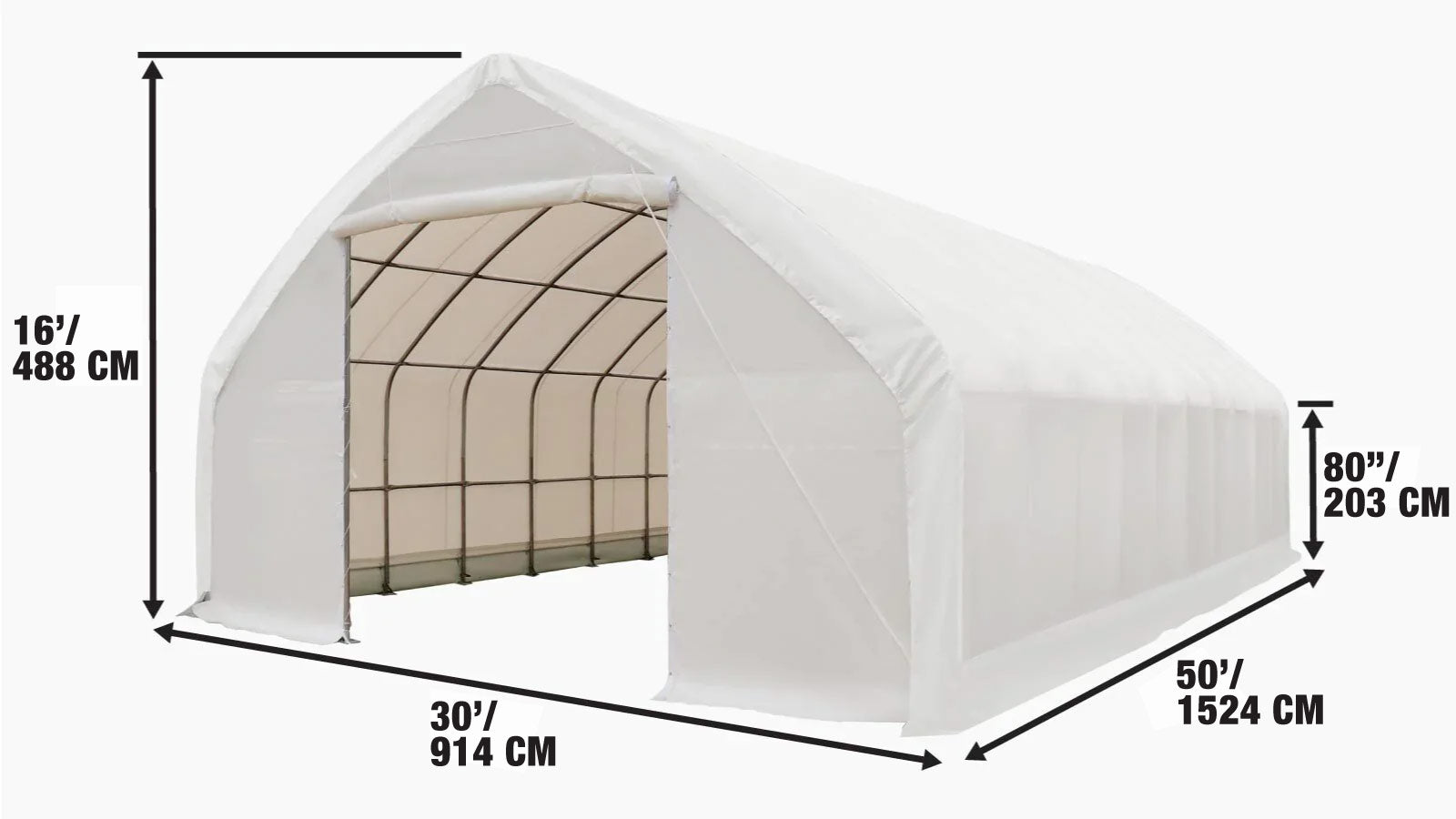 9x15m Straight Wall, Peak Ceiling Storage Shelter with 300 GSM PECover, TMG-ST3050E-specifications-image