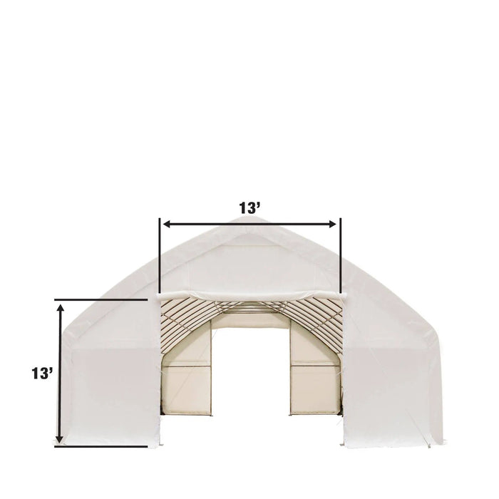 TMG Industrial 30' x 50' Straight Wall Peak Ceiling Storage Shelter with Heavy Duty 17 oz PVC Cover & Drive Through Doors, TMG-ST3050V