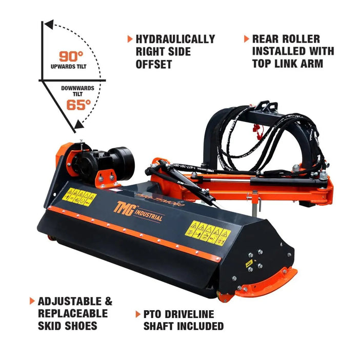 TMG Industrial 60” Offset Ditch Bank Flail Mower with 90° Tilt, 3-Point Hitch, 30-60 HP Tractor, PTO Drive Shaft, TMG-TFMO60