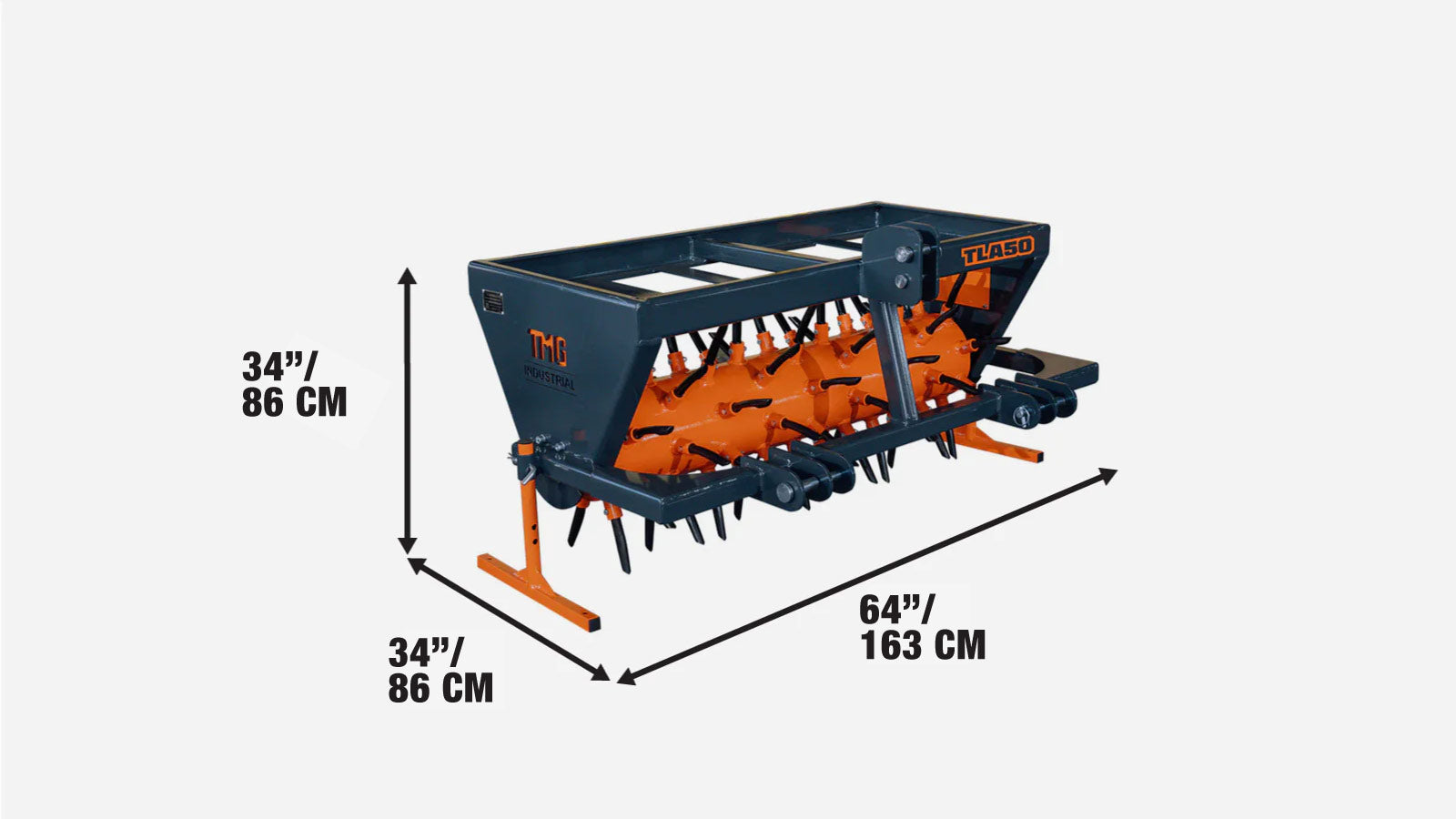 Aerator bębnowy z zaczepem 3-punktowym, szerokość robocza 50 cali, ciągniki kategorii 1 i 2, długość wtyczki 5 cali, TMG-TLA50-specifications-image