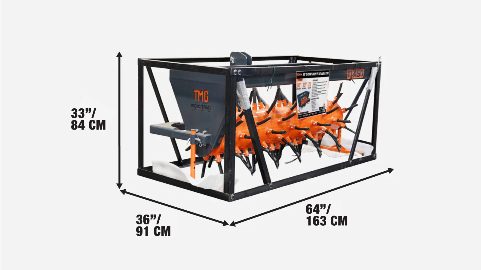 Aerator bębnowy z zaczepem 3-punktowym, szerokość robocza 50 cali, ciągniki kategorii 1 i 2, długość wtyczki 5 cali, TMG-TLA50-shipping-info-image