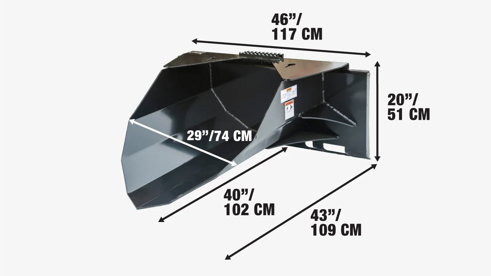 42-calowa, wytrzymała łopata do kopania drzew do ładowarek kołowych, udźwig 1500 funtów, szczelina na łańcuch, otwór wlotowy 30 cali, krawędź tnąca o wysokiej ścieralności, TMG-TS42-specifications-image