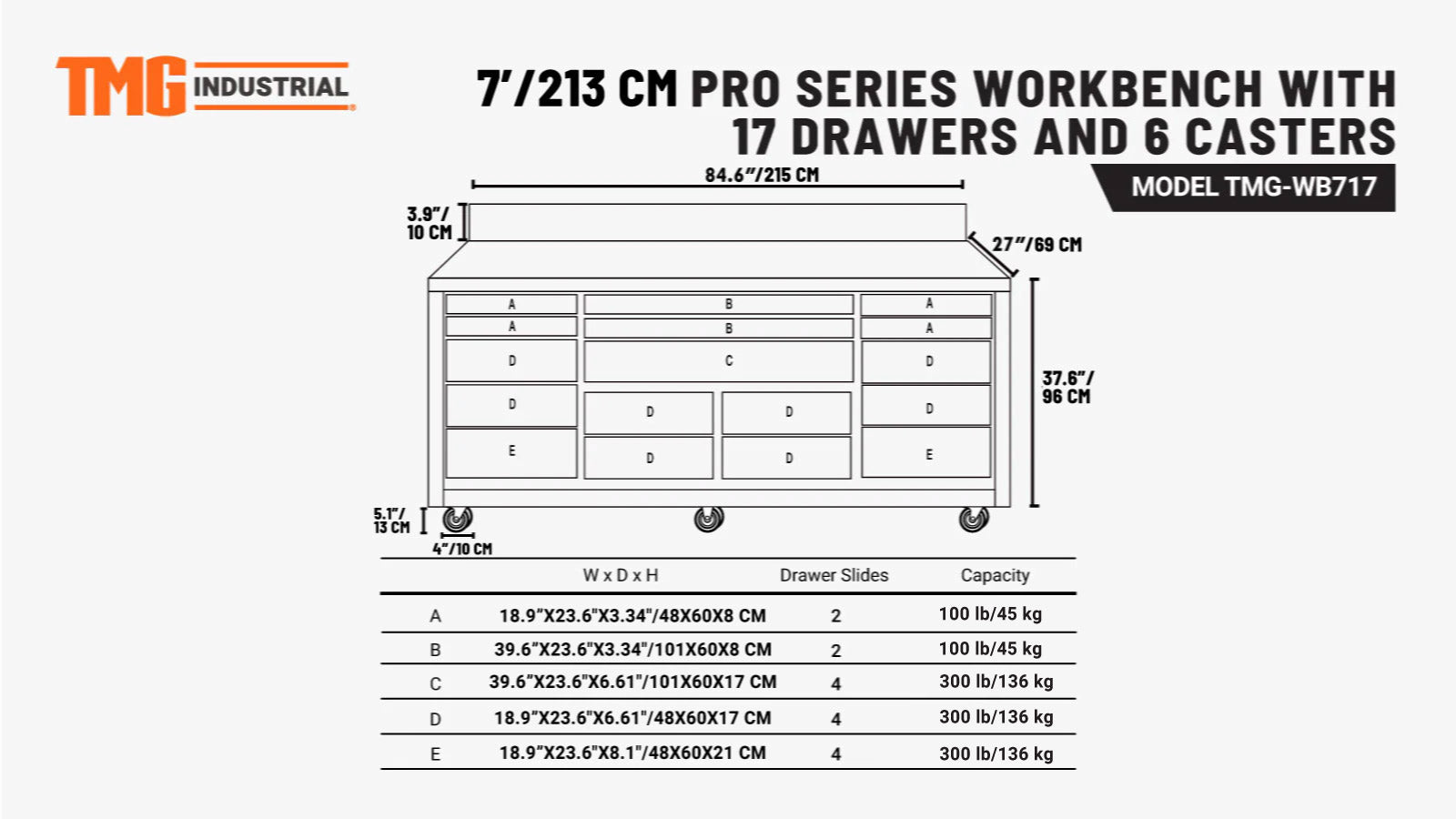 2.2m Workbench with Stainless Steel Benchtop and 17 Drawers, TMG-WB717-specifications-image