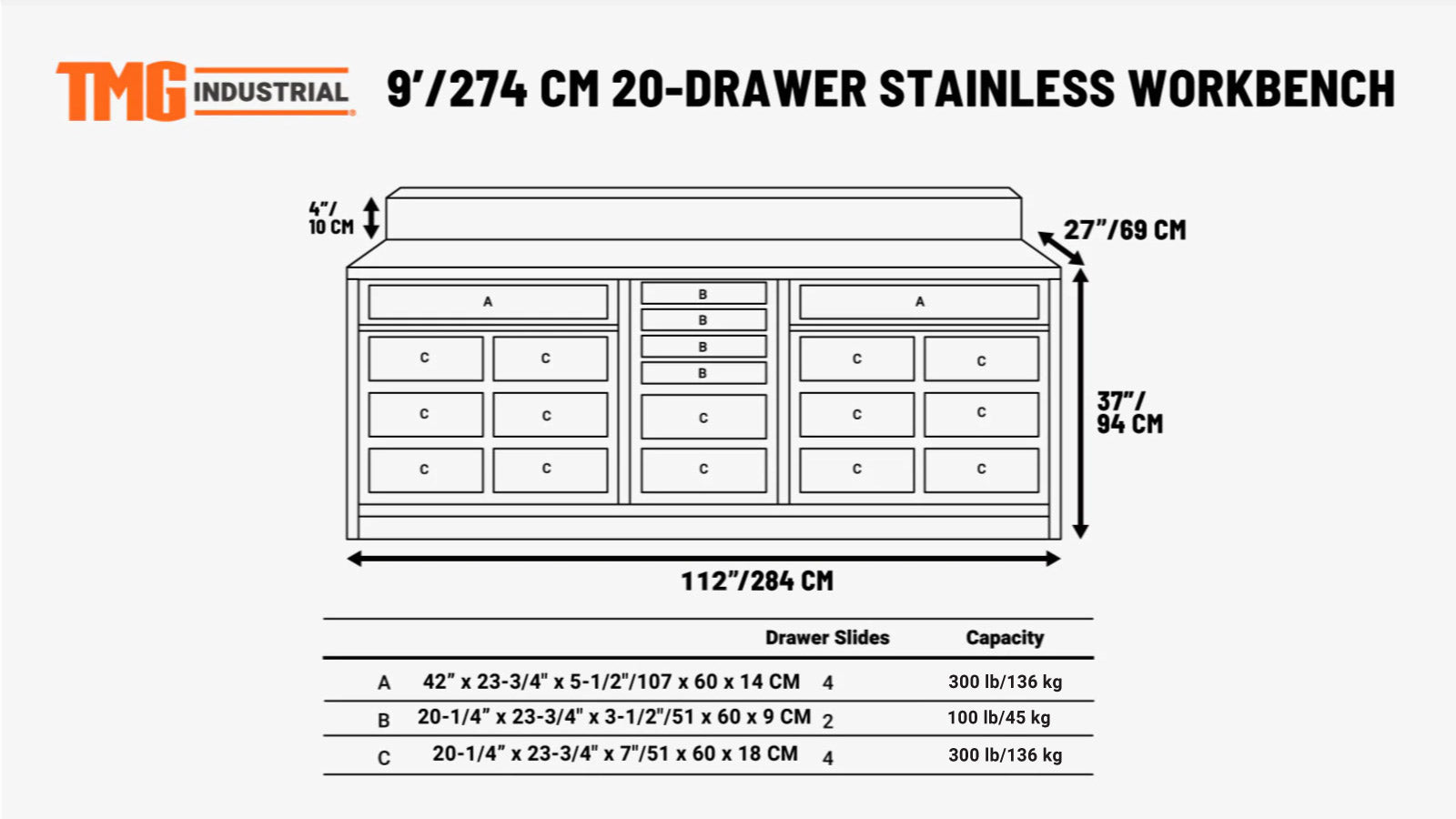 2.8m Workbench with Stainless Steel Benchtop and 20 Stainless Steel Drawers, TMG-WB921S-specifications-image