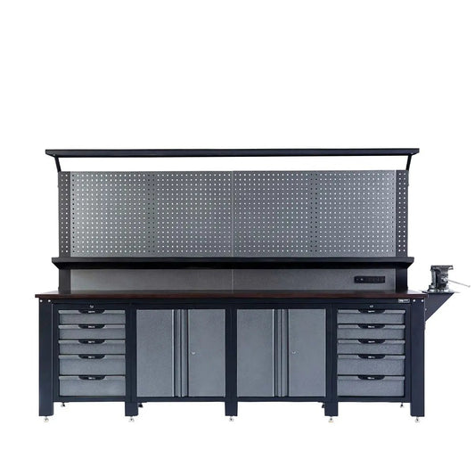 TMG Industrial 10’ Extreme-Duty Steel Garage Workbench w/Pegboards and 4" Bench Vice, Adjustable Shelving, Power Outlets, USB Port, Magnetic Motion LED Lamps, TMG-WBC10