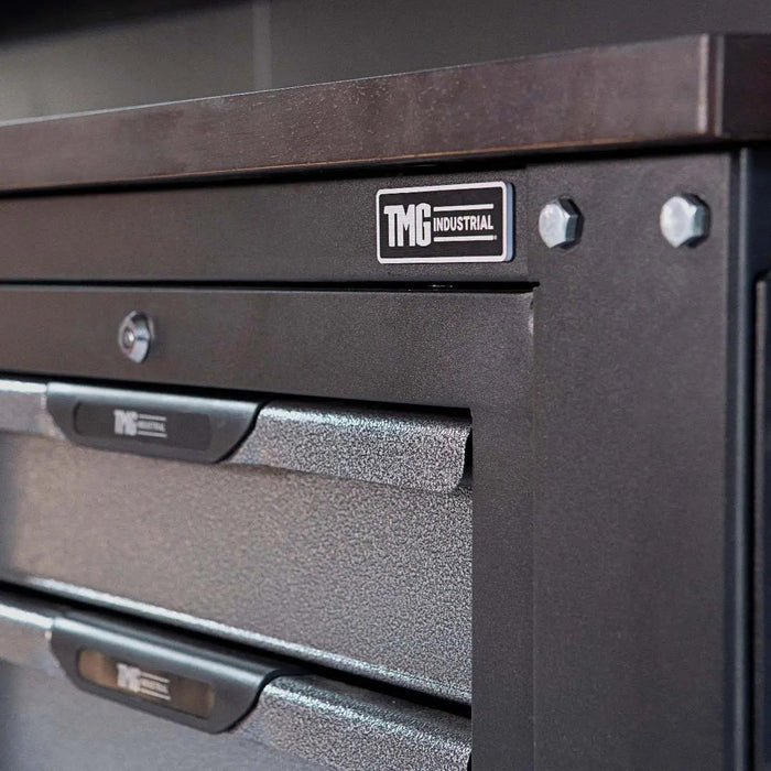 TMG Industrial 10’ Extreme-Duty Steel Garage Workbench w/Pegboards and 4" Bench Vice, Adjustable Shelving, Power Outlets, USB Port, Magnetic Motion LED Lamps, TMG-WBC10