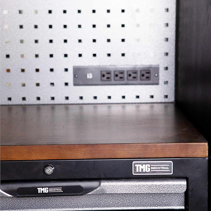 TMG Industrial 10’ Extreme-Duty Steel Garage Workbench w/Pegboards and 4" Bench Vice, Adjustable Shelving, Power Outlets, USB Port, Magnetic Motion LED Lamps, TMG-WBC10