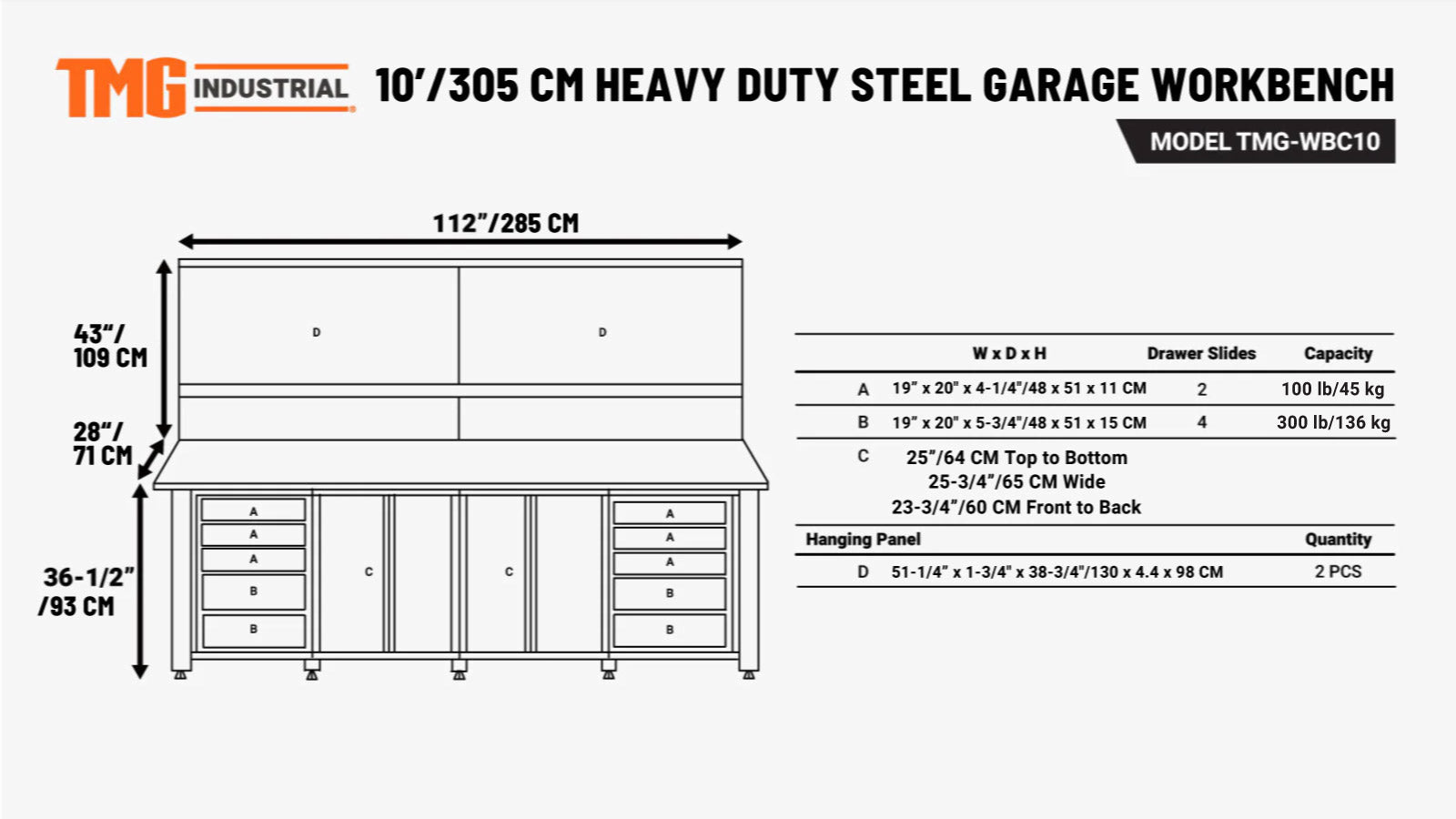 2.8m Workbench with Solid Wood Benchtop, Pegboards and Bench Vice, TMG-WBC10  -specifications-image