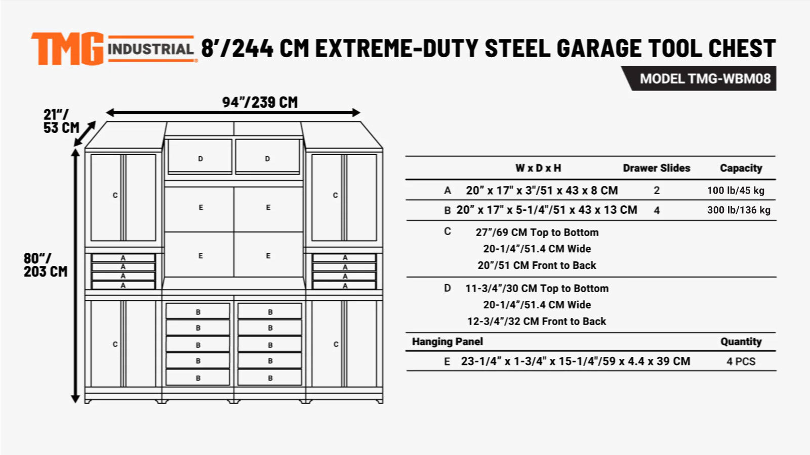 2.4m Steel Garage Cabinet with Workbench, Pegboard and LED Lighting, TMG-WBM08-specifications-image