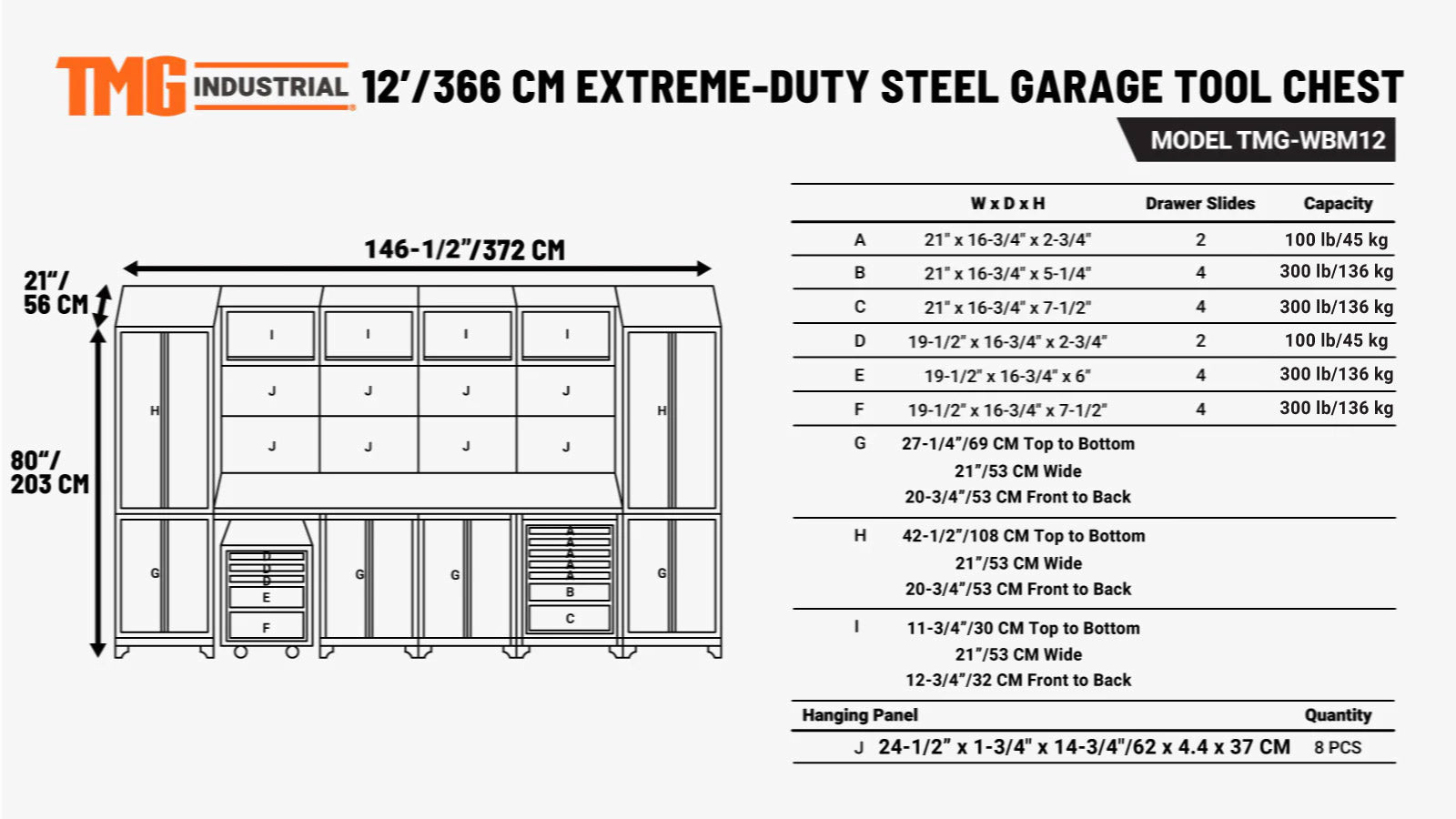 3.8m Steel Garage Cabinet with Workbench, Pegboard and LED Lighting, TMG-WBM12-specifications-image