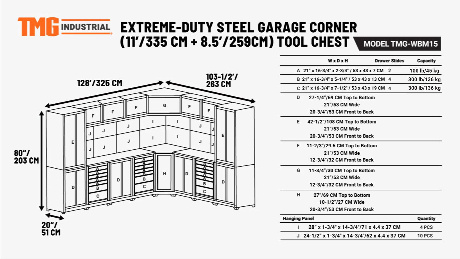 3.5m+2.6m L-Shaped Steel Garage Cabinet with Workbench, Pegboard and LED Lighting, TMG-WBM15-specifications-image