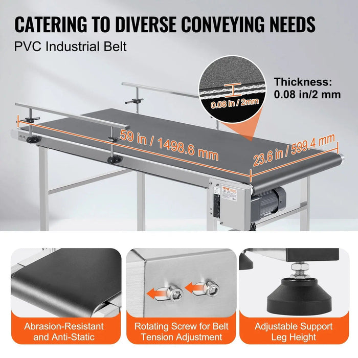 VEVOR Belt Conveyor, 59 x 23.6 inch Conveyor Table, Heavy Duty Stainless Steel Motorized Belt Conveyor for Inkjet Coding Applications Powered PVC Belt Anti-Static Adjustable Speed (Double Guardrail), DOBA-CB59