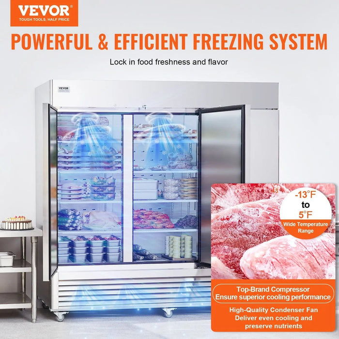 VEVOR Commercial Freezer 60.42 Cu.ft, Reach In 82.5" W Upright Freezer 3 Doors, Auto-Defrost Stainless Steel Reach-in Freezer with 12 Adjustable Shelves, -13 to 5°F Temp Control, 4 Wheels, DOBA-FZ60