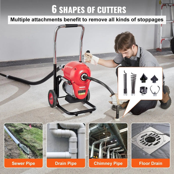 120FT x 6/5" Drain Cleaner Machine, 1100W Motor, Sectional Snake Auger, Manual Feed Design, DOBA-DAC120